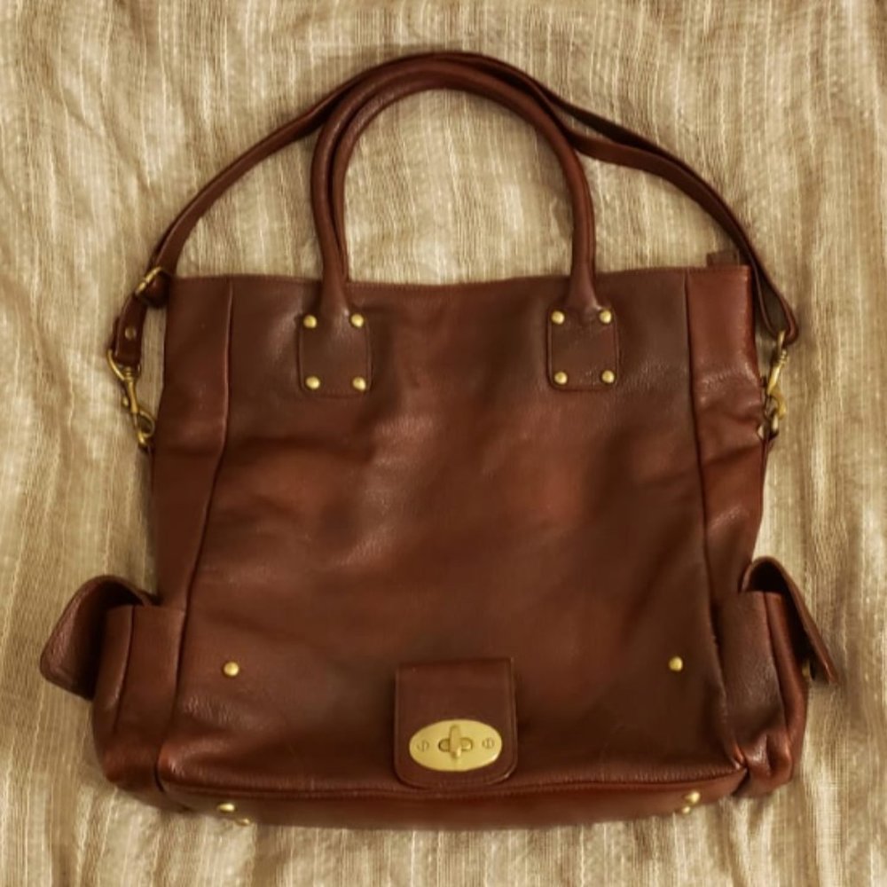 Deep Brown Grained Leather Foldover Tote